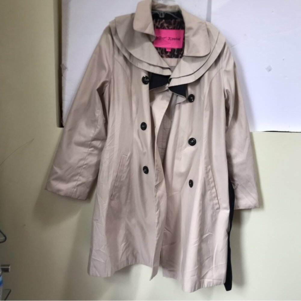 Betsey Johnson Ruffle Trench Lightweight Double Breasted Coat Cotton Tan Belt L - Picture 6 of 15